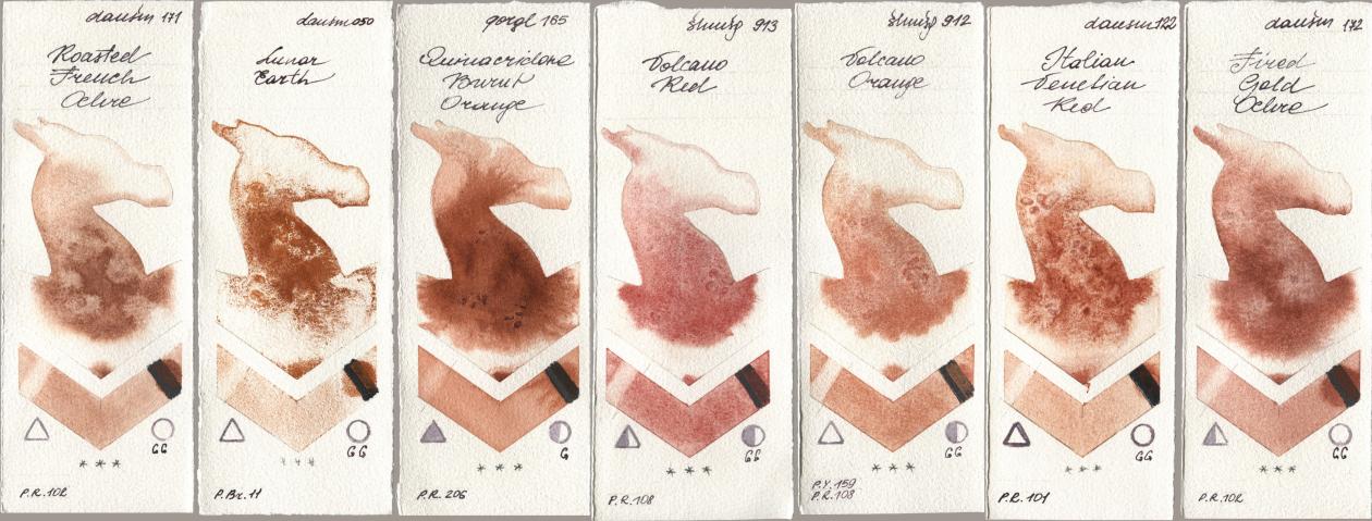 Daniel Smith 171 Roasted French Ochre, 050 Lunar Earth, Golden QOR 165 Quinacridone Burnt Orange, Shminke Horadam Aquarell 913 Volcano Red, 912 Volcano Orange, 122 Italian Venetian Red, 172 Fired Gold Och watercolor swatch