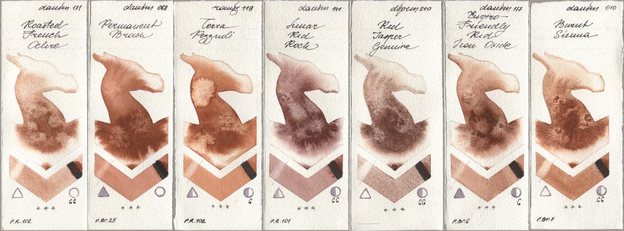 Daniel Smith 171 Roasted French Ochre, 068 Permanent Brown, Roman Szmal Aquarius 119 Terra Pozzuoli, 141 Lunar Red Rock, 240 Red Jasper Genuine, 177 Enviro-Friendly Red Iron Oxide, 010 Burnt Sien watercolor swatch
