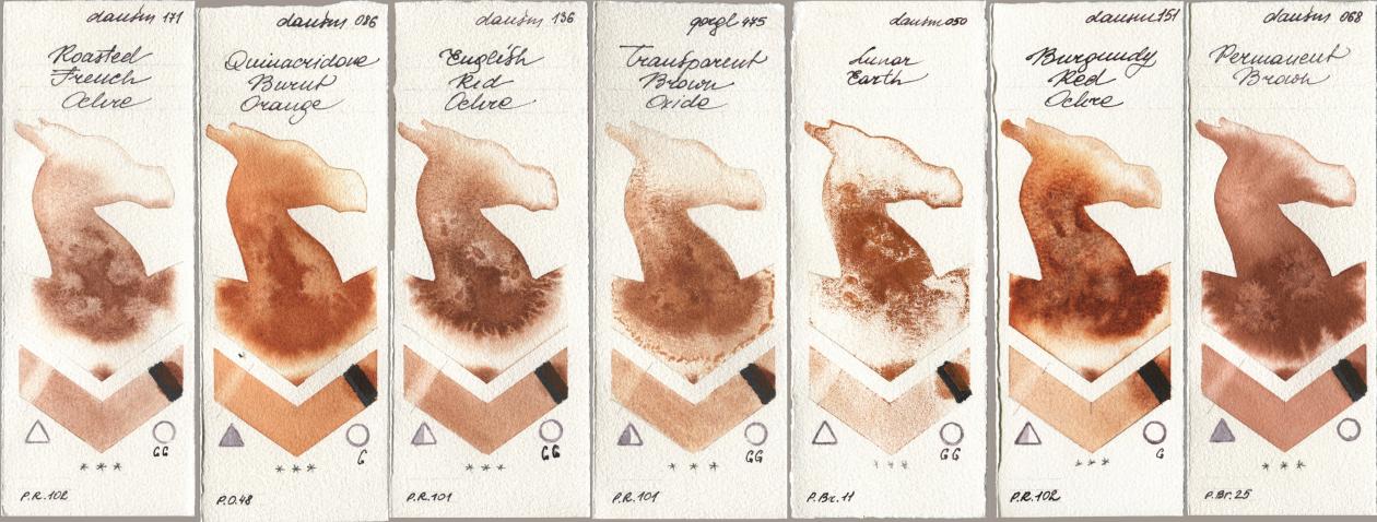 Daniel Smith 171 Roasted French Ochre, 086 Quinacridone Burnt Orange, 136 English Red Ochre, Golden QOR 475 Transparent Brown Oxide, 050 Lunar Earth, 151 Burgundy Red Ochre, 068 Permanent Bro watercolor swatch