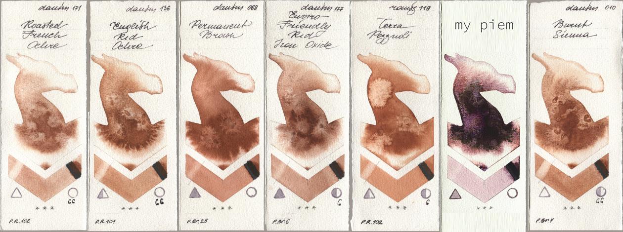 Daniel Smith 171 Roasted French Ochre, 136 English Red Ochre, 068 Permanent Brown, 177 Enviro-Friendly Red Iron Oxide, Roman Szmal Aquarius 119 Terra Pozzuoli, my 191 piem, 010 Burnt Sien watercolor swatch
