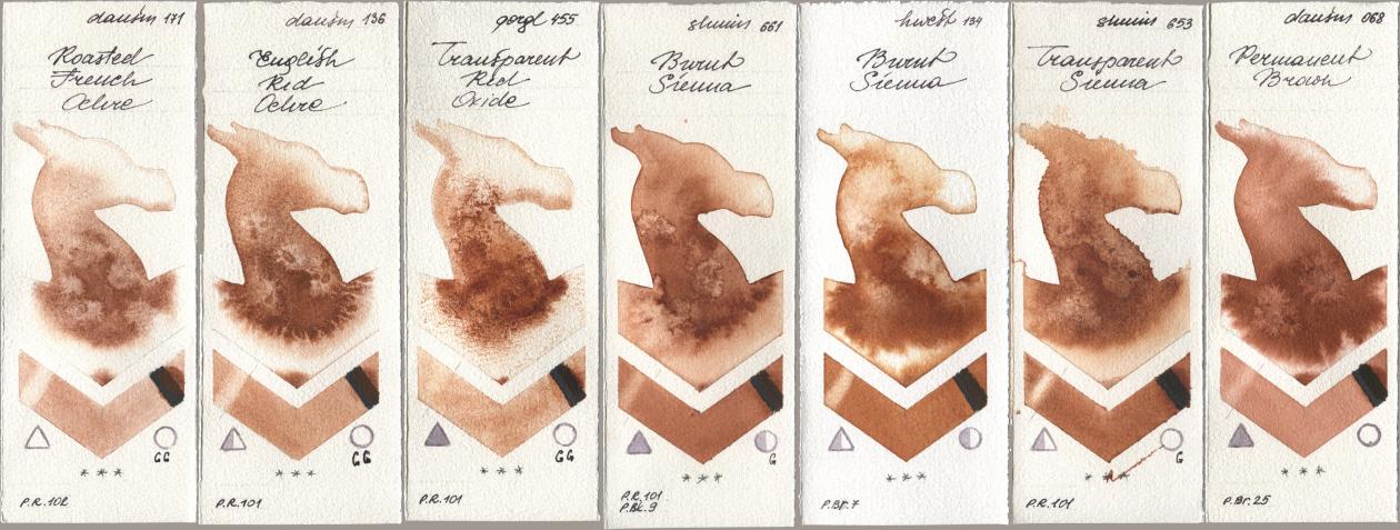 Daniel Smith 171 Roasted French Ochre, 136 English Red Ochre, Golden QOR 455 Transparent Red Oxide, Shminke Horadam Aquarell 661 Burnt Sienna, Holbein Artists Watercolor 134 Burnt Sienna, 653 Transparent Sienna, 068 Permanent Bro watercolor swatch