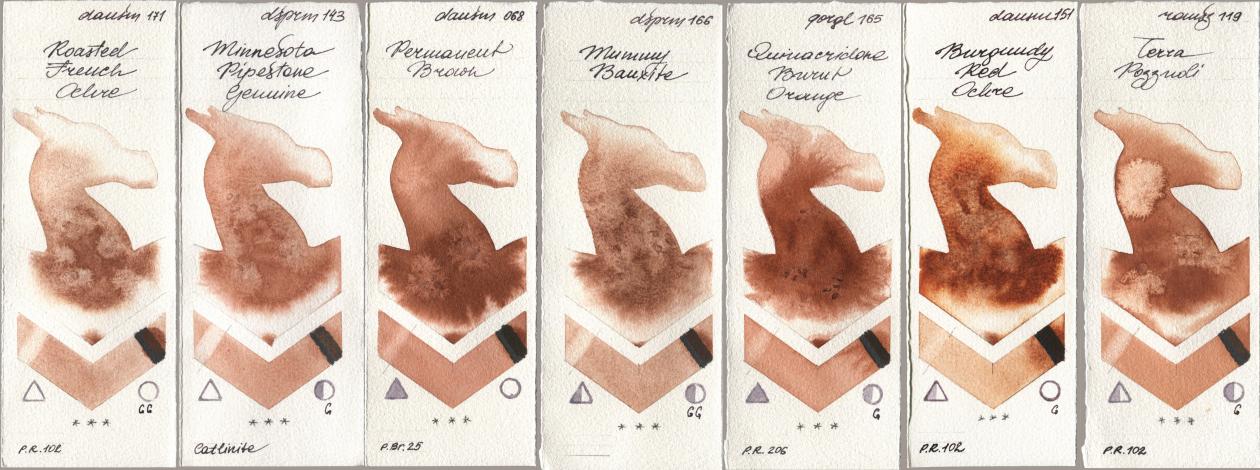 Daniel Smith 171 Roasted French Ochre, 143 Minnesota Pipestone Genuine, 068 Permanent Brown, 166 Mummy Bauxite, Golden QOR 165 Quinacridone Burnt Orange, 151 Burgundy Red Ochre, Roman Szmal Aquarius 119 Terra Pozzuo watercolor swatch