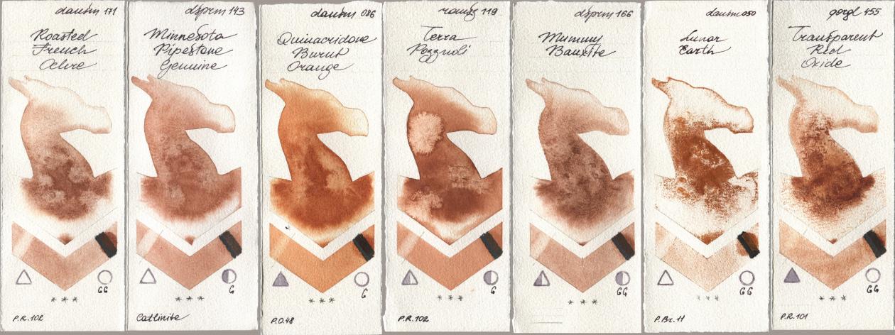 Daniel Smith 171 Roasted French Ochre, 143 Minnesota Pipestone Genuine, 086 Quinacridone Burnt Orange, Roman Szmal Aquarius 119 Terra Pozzuoli, 166 Mummy Bauxite, 050 Lunar Earth, Golden QOR 455 Transparent Red Oxi watercolor swatch