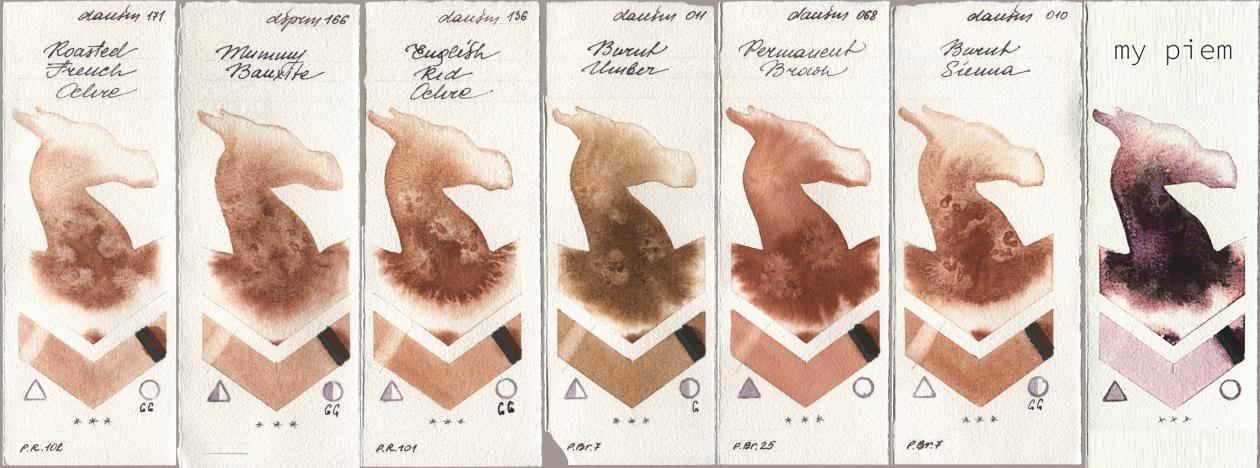 Daniel Smith 171 Roasted French Ochre, 166 Mummy Bauxite, 136 English Red Ochre, 011 Burnt Umber, 068 Permanent Brown, 010 Burnt Sienna, my 191 pi watercolor swatch