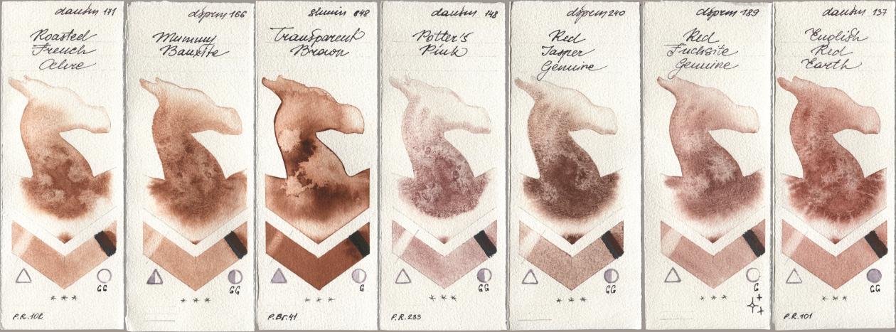 Daniel Smith 171 Roasted French Ochre, 166 Mummy Bauxite, Shminke Horadam Aquarell 648 Transparent Brown, 148 Potters Pink, 240 Red Jasper Genuine, 189 Red Fuchsite Genuine, 137 English Red Ear watercolor swatch