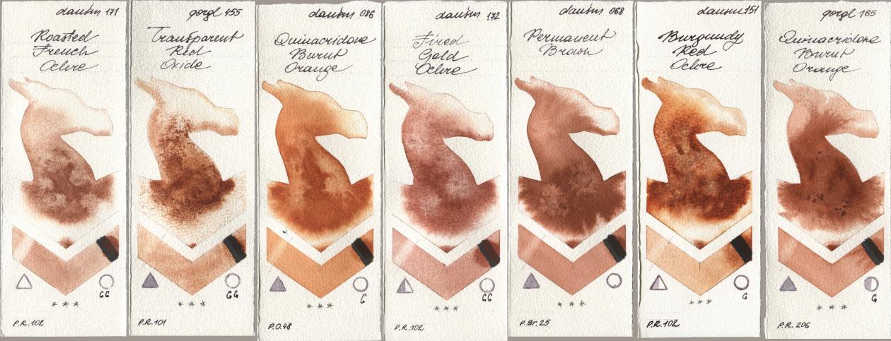 Daniel Smith 171 Roasted French Ochre, Golden QOR 455 Transparent Red Oxide, 086 Quinacridone Burnt Orange, 172 Fired Gold Ochre, 068 Permanent Brown, 151 Burgundy Red Ochre, 165 Quinacridone Burnt Oran watercolor swatch