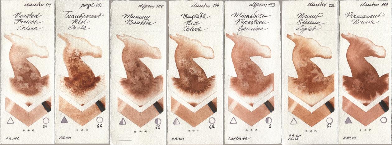 Daniel Smith 171 Roasted French Ochre, Golden QOR 455 Transparent Red Oxide, 166 Mummy Bauxite, 136 English Red Ochre, 143 Minnesota Pipestone Genuine, 230 Burnt Sienna Light, 068 Permanent Bro watercolor swatch
