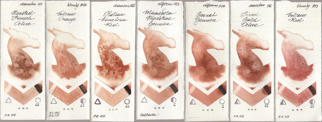 Daniel Smith 171 Roasted French Ochre, Shminke Horadam Aquarell 912 Volcano Orange, 122 Italian Venetian Red, 143 Minnesota Pipestone Genuine, 205 Garnet Genuine, 172 Fired Gold Ochre, 913 Volcano R watercolor swatch