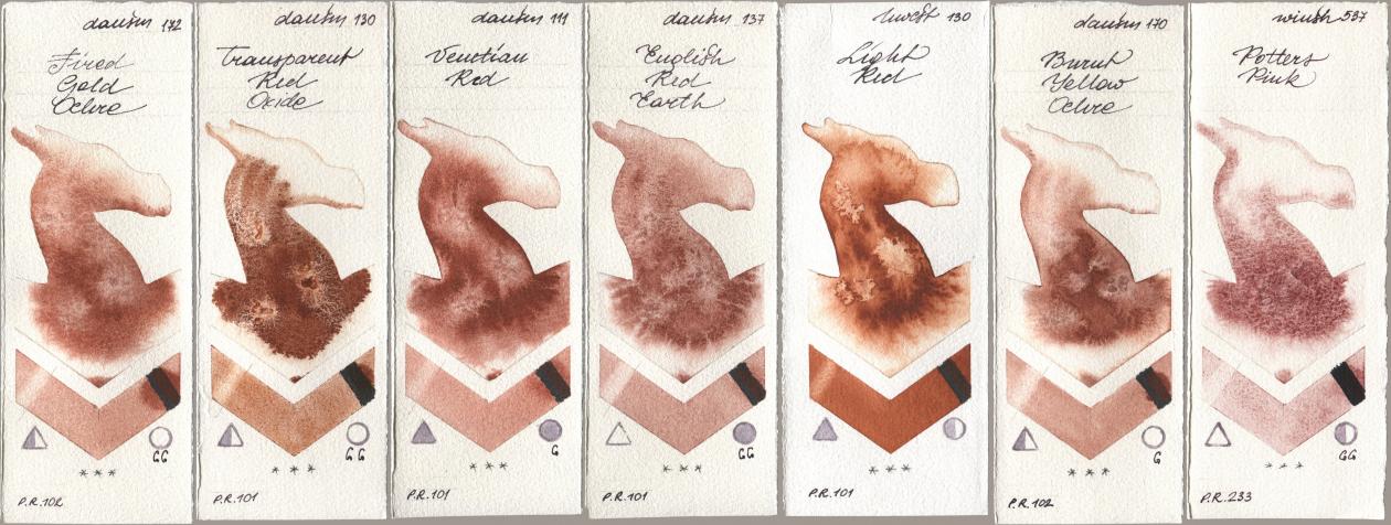 Daniel Smith 172 Fired Gold Ochre, 130 Transparent Red Oxide, 111 Venetian Red, 137 English Red Earth, Holbein Artists Watercolor 130 Light Red, 170 Burnt Yellow Ochre, Winsor & Newton Professional 537 Potters Pi watercolor swatch