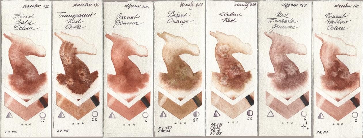 Daniel Smith 172 Fired Gold Ochre, 130 Transparent Red Oxide, 205 Garnet Genuine, Shminke Horadam Aquarell 922 Desert Orange, 926 Urban Red, 189 Red Fuchsite Genuine, 170 Burnt Yellow Och watercolor swatch