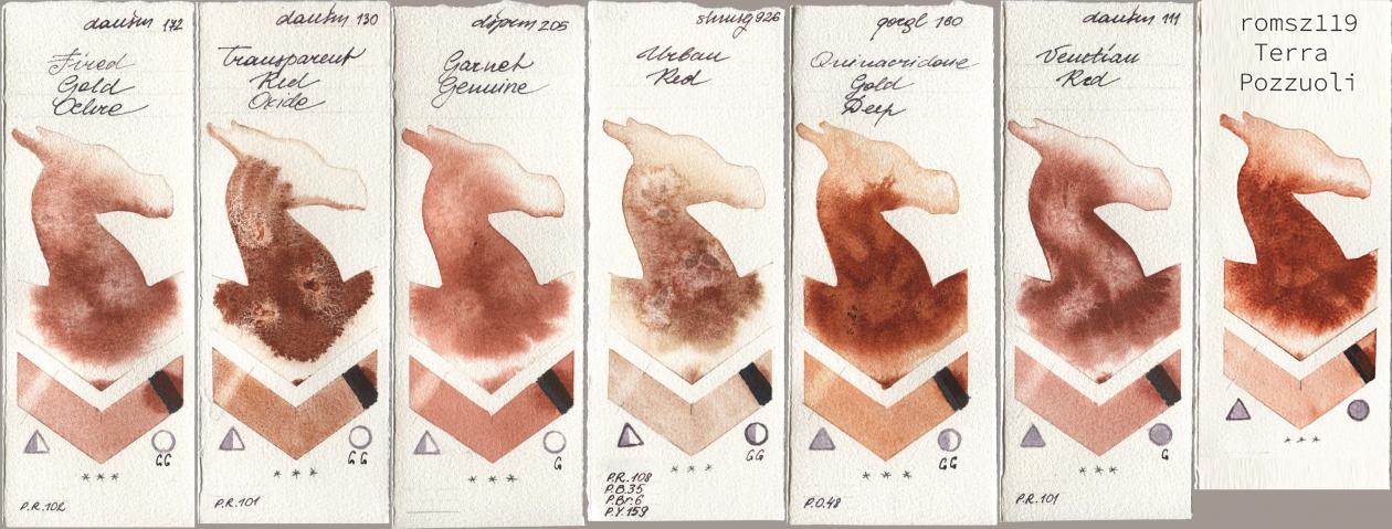 Daniel Smith 172 Fired Gold Ochre, 130 Transparent Red Oxide, 205 Garnet Genuine, Shminke Horadam Aquarell 926 Urban Red, Golden QOR 160 Quinacridone Gold Deep, 111 Venetian Red, my 119 pozzuo watercolor swatch