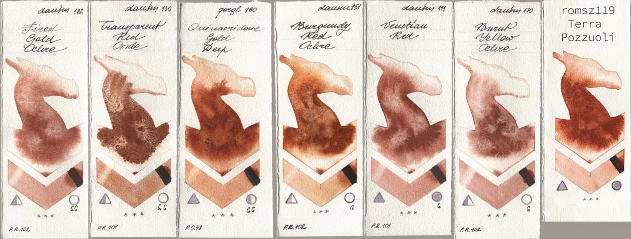 Daniel Smith 172 Fired Gold Ochre, 130 Transparent Red Oxide, Golden QOR 160 Quinacridone Gold Deep, 151 Burgundy Red Ochre, 111 Venetian Red, 170 Burnt Yellow Ochre, my 119 pozzuo watercolor swatch