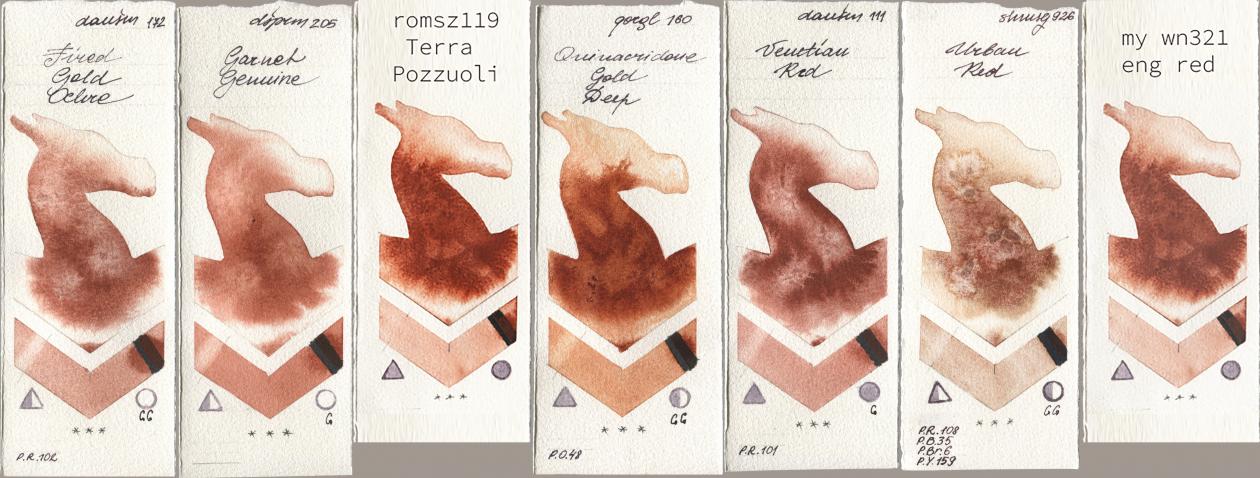 Daniel Smith 172 Fired Gold Ochre, 205 Garnet Genuine, my 119 pozzuoli, Golden QOR 160 Quinacridone Gold Deep, 111 Venetian Red, Shminke Horadam Aquarell 926 Urban Red, 034 eng r watercolor swatch