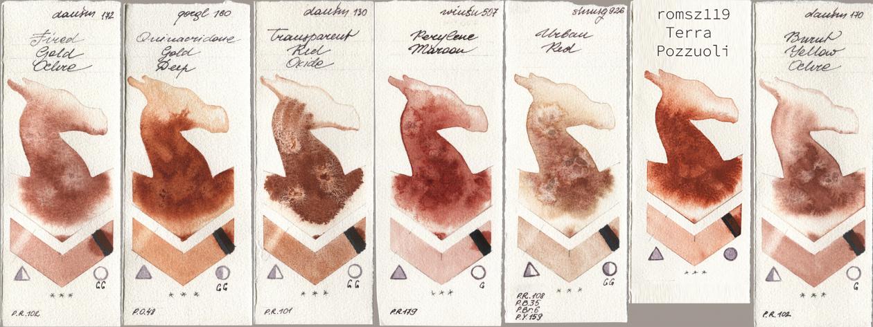 Daniel Smith 172 Fired Gold Ochre, Golden QOR 160 Quinacridone Gold Deep, 130 Transparent Red Oxide, Winsor & Newton Professional 507 Perylene Maroon, Shminke Horadam Aquarell 926 Urban Red, my 119 pozzuoli, 170 Burnt Yellow Och watercolor swatch