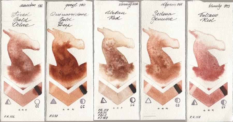 Daniel Smith 172 Fired Gold Ochre, Golden QOR 160 Quinacridone Gold Deep, Shminke Horadam Aquarell 926 Urban Red, 145 Sedona Genuine, 913 Volcano R watercolor swatch