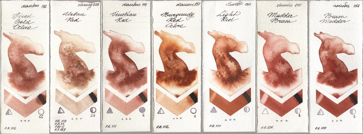 Daniel Smith 172 Fired Gold Ochre, Shminke Horadam Aquarell 926 Urban Red, 111 Venetian Red, 151 Burgundy Red Ochre, Holbein Artists Watercolor 130 Light Red, 670 Madder Brown, Winsor & Newton Professional 056 Brown Madd watercolor swatch