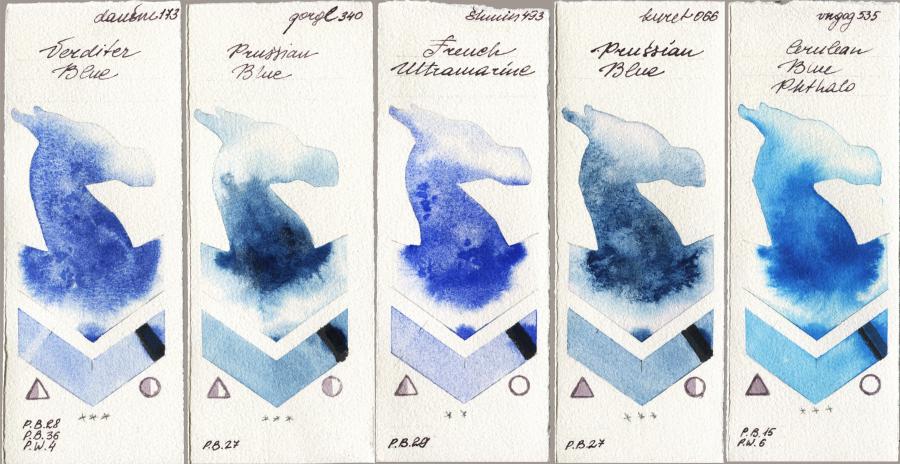 Daniel Smith 173 Verditer Blue vs Golden QOR 340 Prussian Blue vs Shminke Horadam Aquarell 493 French Ultramarine vs Kuretake Gansai Tambi 066 Prussian Blue vs Royal Talens Van Gogh Watercolour 535 Cerulean Blue Phthalo watercolor swatch