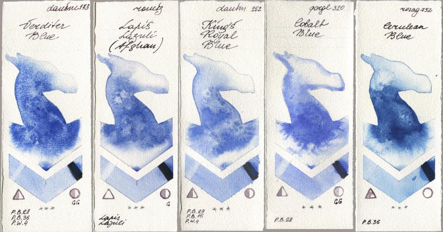 Daniel Smith 173 Verditer Blue, Roman Szmal Aquarius 999 Lapis Lazuli Afghan, 252 King’s Royal Blue, Golden QOR 320 Cobalt Blue, Rosa Gallery 752 Cerulean Bl watercolor swatch