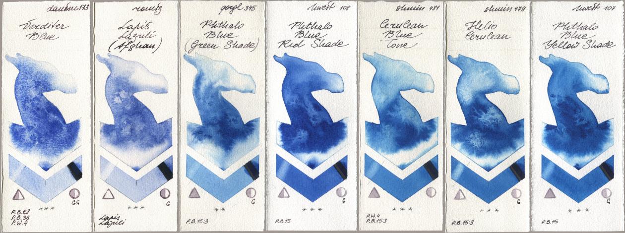 Daniel Smith 173 Verditer Blue, Roman Szmal Aquarius 999 Lapis Lazuli Afghan, Golden QOR 345 Phthalo Blue (Green Shade), Holbein Artists Watercolor 108 Phthalo Blue Red Shade, Shminke Horadam Aquarell 481 Cerulean Blue Tone, 479 Helio Cerulean, 107 Phthalo Blue Yellow Sha watercolor swatch