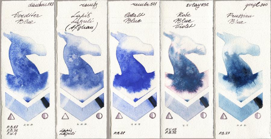 Daniel Smith 173 Verditer Blue vs Roman Szmal Aquarius 999 Lapis Lazuli Afghan vs Royal Talens Rembrandt Watercolour 511 Cobalt Blue vs SuperVision 736 Rose Blue Violet vs Golden QOR 340 Prussian Blue watercolor swatch