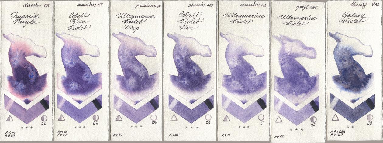Daniel Smith 174 Imperial Purple, 115 Cobalt Blue Violet, M. Graham & Co. Artists 194 Ultramarine Violet Deep, Shminke Horadam Aquarell 473 Cobalt Violet Hue, 108 Ultramarine Violet, Golden QOR 290 Ultramarine Violet, 972 Galaxy Viol watercolor swatch