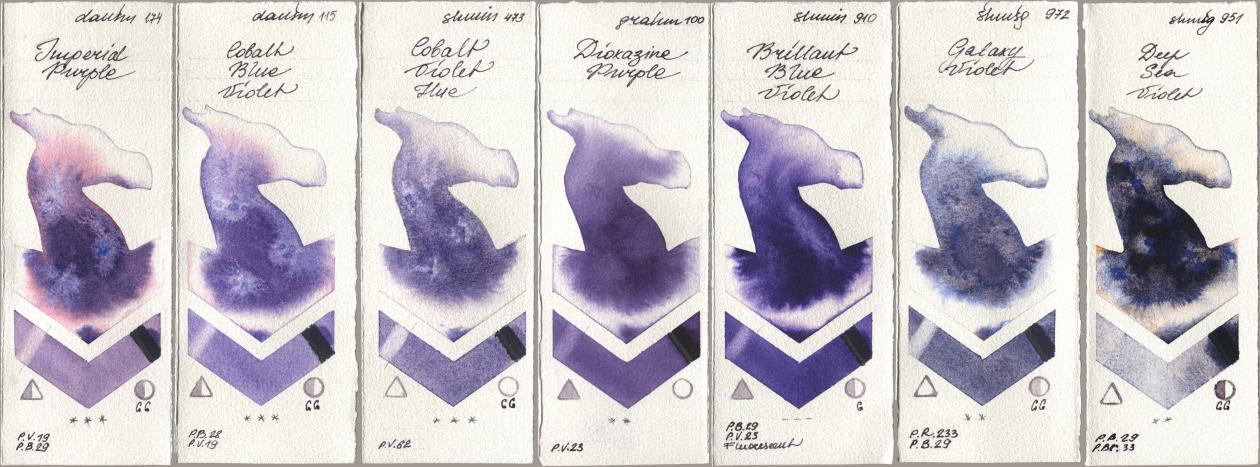 Daniel Smith 174 Imperial Purple, 115 Cobalt Blue Violet, Shminke Horadam Aquarell 473 Cobalt Violet Hue, M. Graham & Co. Artists 100 Dioxazine Purple, 910 Brilliant Blue Violet, 972 Galaxy Violet, 951 Deep Sea Viol watercolor swatch