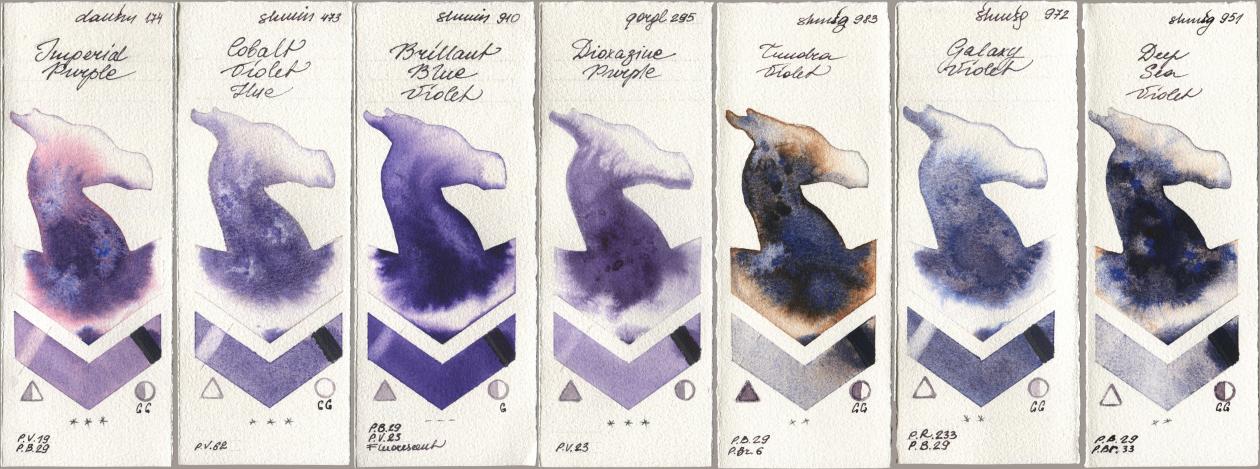 Daniel Smith 174 Imperial Purple, Shminke Horadam Aquarell 473 Cobalt Violet Hue, 910 Brilliant Blue Violet, Golden QOR 295 Dioxazine Purple, 983 Tundra Violet, 972 Galaxy Violet, 951 Deep Sea Viol watercolor swatch