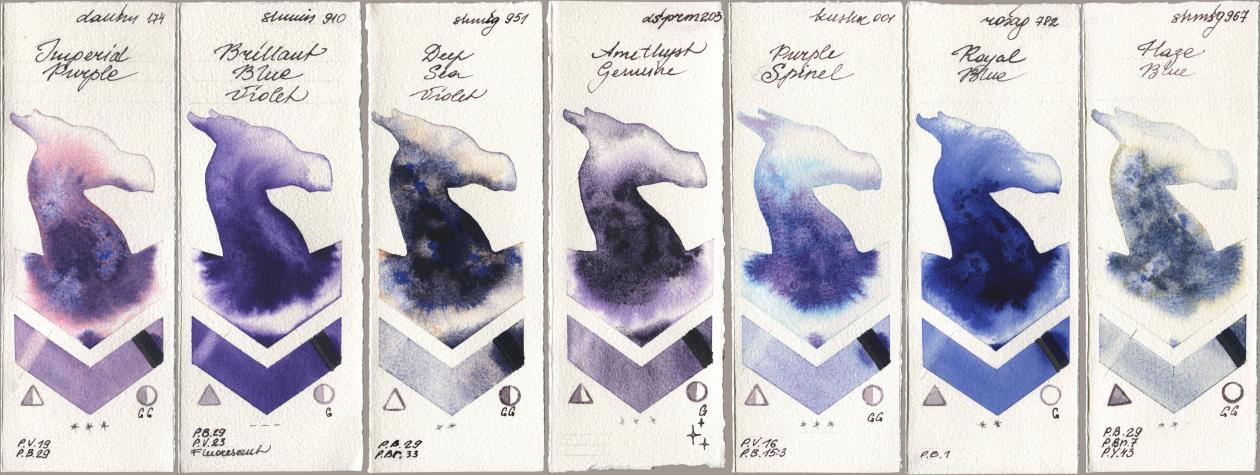 Daniel Smith 174 Imperial Purple, Shminke Horadam Aquarell 910 Brilliant Blue Violet, 951 Deep Sea Violet, 203 Amethyst Genuine, Kusakabe 001 Purple Spinel, Rosa Gallery 782 Royal Blue, 967 Haze Bl watercolor swatch