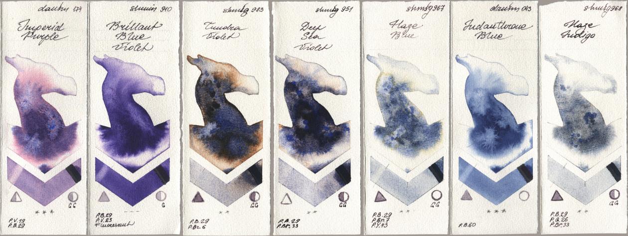 Daniel Smith 174 Imperial Purple, Shminke Horadam Aquarell 910 Brilliant Blue Violet, 983 Tundra Violet, 951 Deep Sea Violet, 967 Haze Blue, 043 Indanthrone Blue, 968 Haze Indi watercolor swatch