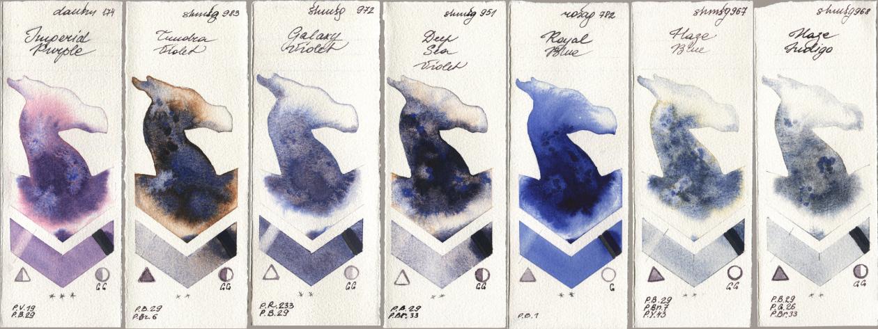 Daniel Smith 174 Imperial Purple, Shminke Horadam Aquarell 983 Tundra Violet, 972 Galaxy Violet, 951 Deep Sea Violet, Rosa Gallery 782 Royal Blue, 967 Haze Blue, 968 Haze Indi watercolor swatch
