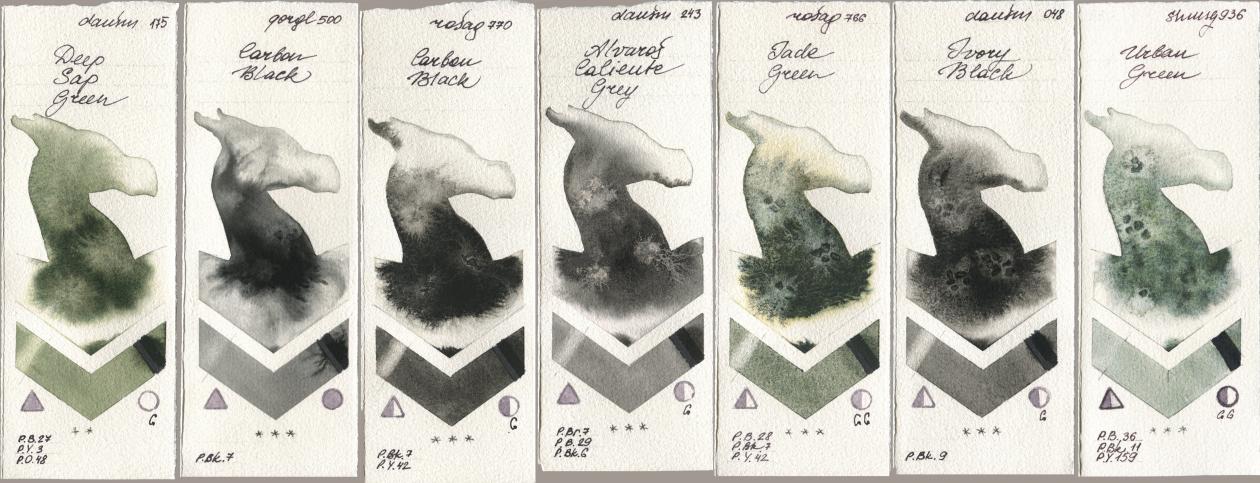 Daniel Smith 175 Deep Sap Green, Golden QOR 500 Carbon Black, Rosa Gallery 770 Carbon Black, 243 Alvaros Caliente Grey, 766 Jade Green, 048 Ivory Black, Shminke Horadam Aquarell 936 Urban Gre watercolor swatch