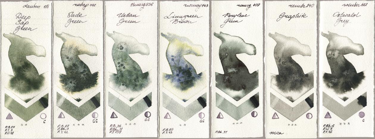 Daniel Smith 175 Deep Sap Green, Rosa Gallery 766 Jade Green, Shminke Horadam Aquarell 936 Urban Green, Rockwell 143 Limugreen Brown, Roman Szmal Aquarius 409 Perylene Green, Royal Talens Rembrandt Watercolour 840 Graphite, Winsor & Newton Professional 428 Ostwald Gr watercolor swatch