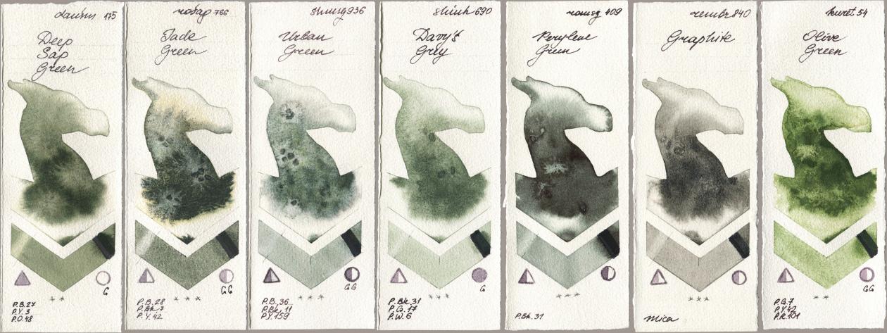 Daniel Smith 175 Deep Sap Green, Rosa Gallery 766 Jade Green, Shminke Horadam Aquarell 936 Urban Green, Shinhan PWC 690 Davys Grey, Roman Szmal Aquarius 409 Perylene Green, Royal Talens Rembrandt Watercolour 840 Graphite, Kuretake Gansai Tambi 054 Olive Gre watercolor swatch