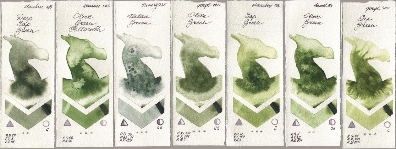 Daniel Smith 175 Deep Sap Green, Shminke Horadam Aquarell 525 Olive Green Yellowish, 936 Urban Green, Golden QOR 420 Olive Green, 102 Sap Green, Kuretake Gansai Tambi 054 Olive Green, 400 Sap Gre watercolor swatch