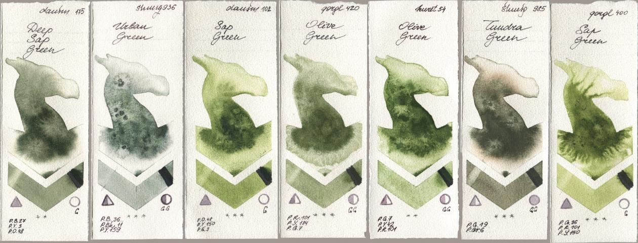 Daniel Smith 175 Deep Sap Green, Shminke Horadam Aquarell 936 Urban Green, 102 Sap Green, Golden QOR 420 Olive Green, Kuretake Gansai Tambi 054 Olive Green, 985 Tundra Green, 400 Sap Gre watercolor swatch