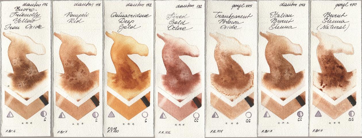 Daniel Smith 176 Enviro-Friendly Yellow Iron Oxide, 116 Pompeii Red, 152 Quinacridone Deep Gold, 172 Fired Gold Ochre, Golden QOR 475 Transparent Brown Oxide, 047 Italian Burnt Sienna, 470 Burnt Sienna (Natura watercolor swatch