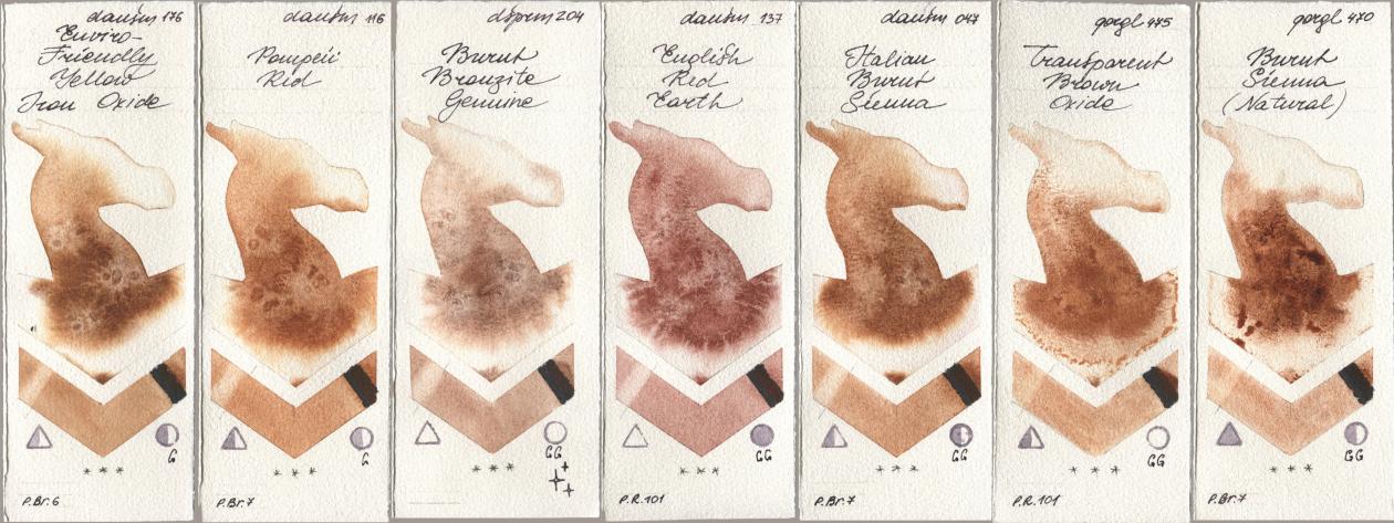 Daniel Smith 176 Enviro-Friendly Yellow Iron Oxide, 116 Pompeii Red, 204 Burnt Bronzite Genuine, 137 English Red Earth, 047 Italian Burnt Sienna, Golden QOR 475 Transparent Brown Oxide, 470 Burnt Sienna (Natura watercolor swatch