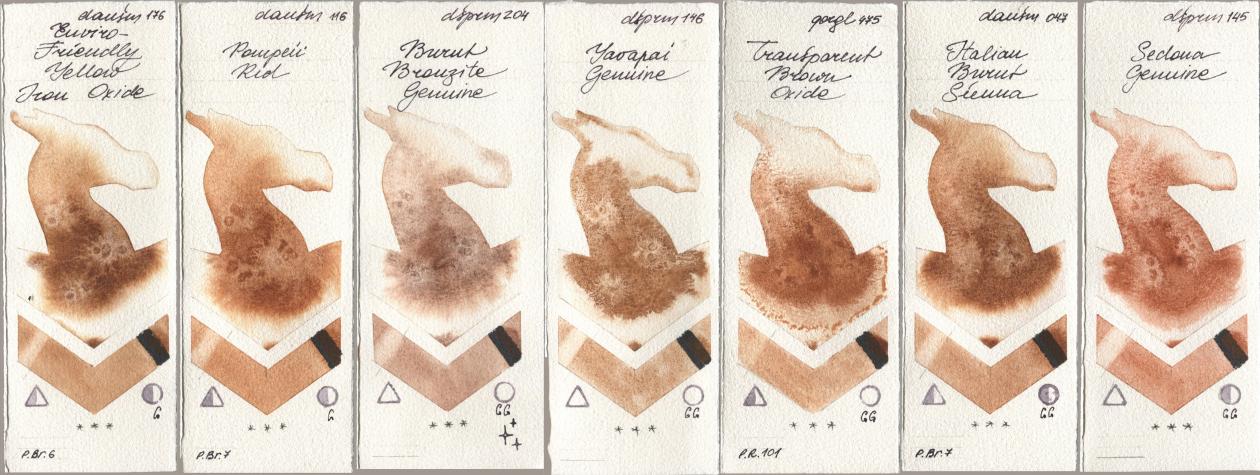 Daniel Smith 176 Enviro-Friendly Yellow Iron Oxide, 116 Pompeii Red, 204 Burnt Bronzite Genuine, 146 Yavapai Genuine, Golden QOR 475 Transparent Brown Oxide, 047 Italian Burnt Sienna, 145 Sedona Genui watercolor swatch