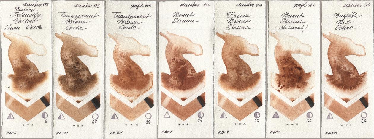 Daniel Smith 176 Enviro-Friendly Yellow Iron Oxide, 129 Transparent Brown Oxide, Golden QOR 475 Transparent Brown Oxide, 010 Burnt Sienna, 047 Italian Burnt Sienna, 470 Burnt Sienna (Natural), 136 English Red Och watercolor swatch