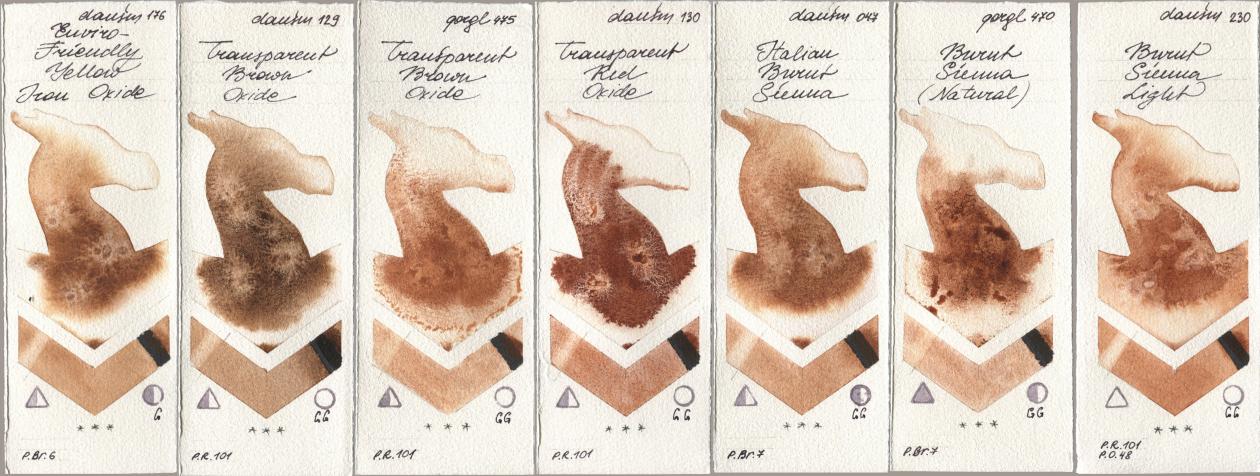 Daniel Smith 176 Enviro-Friendly Yellow Iron Oxide, 129 Transparent Brown Oxide, Golden QOR 475 Transparent Brown Oxide, 130 Transparent Red Oxide, 047 Italian Burnt Sienna, 470 Burnt Sienna (Natural), 230 Burnt Sienna Lig watercolor swatch