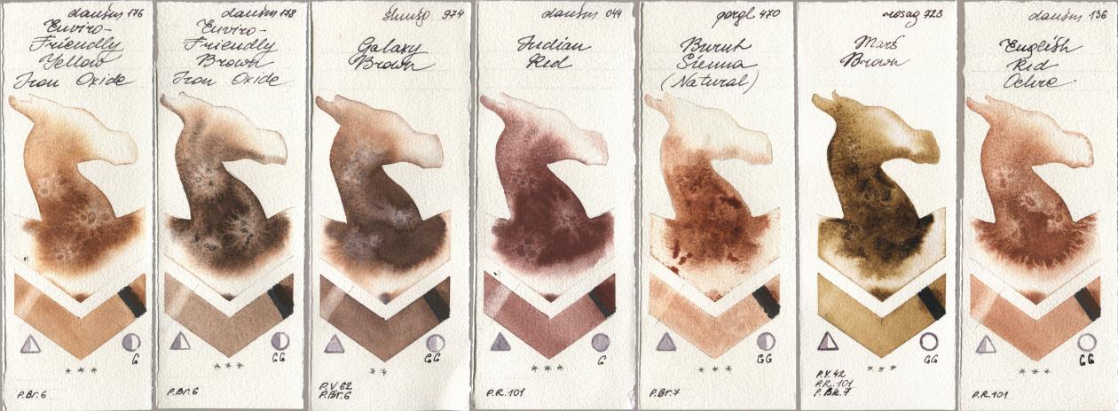 Daniel Smith 176 Enviro-Friendly Yellow Iron Oxide, 178 Enviro-Friendly Brown Iron Oxide, Shminke Horadam Aquarell 974 Galaxy Brown, 044 Indian Red, Golden QOR 470 Burnt Sienna (Natural), Rosa Gallery 723 Mars Brown, 136 English Red Och watercolor swatch