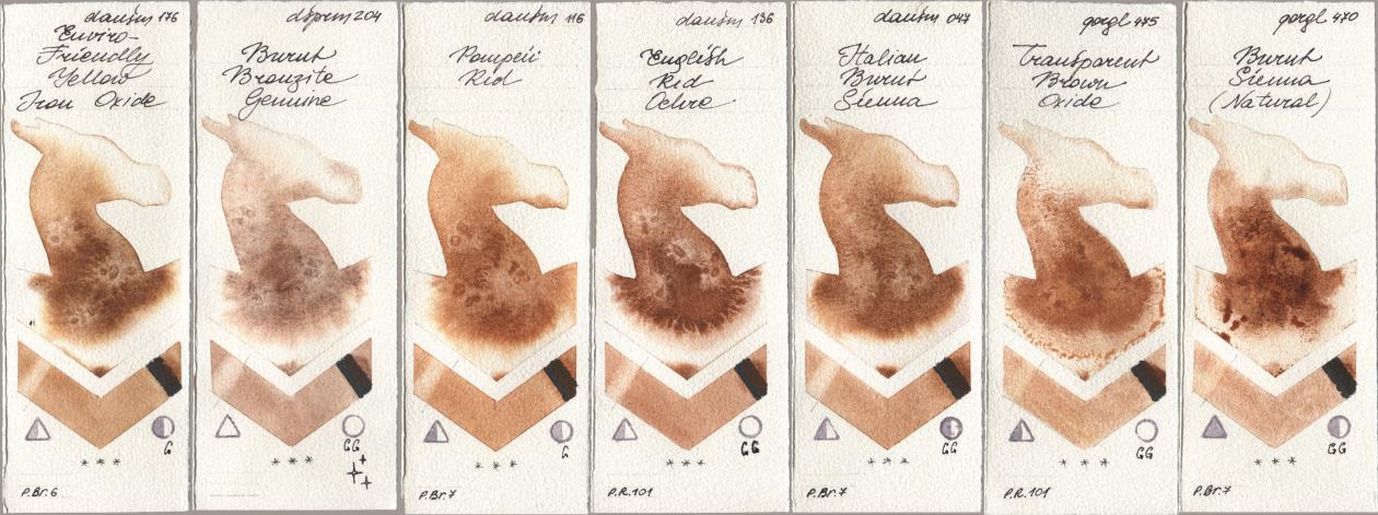 Daniel Smith 176 Enviro-Friendly Yellow Iron Oxide, 204 Burnt Bronzite Genuine, 116 Pompeii Red, 136 English Red Ochre, 047 Italian Burnt Sienna, Golden QOR 475 Transparent Brown Oxide, 470 Burnt Sienna (Natura watercolor swatch