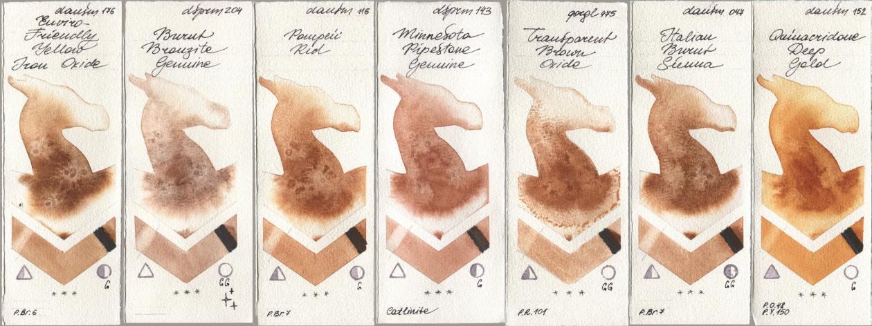 Daniel Smith 176 Enviro-Friendly Yellow Iron Oxide, 204 Burnt Bronzite Genuine, 116 Pompeii Red, 143 Minnesota Pipestone Genuine, Golden QOR 475 Transparent Brown Oxide, 047 Italian Burnt Sienna, 152 Quinacridone Deep Go watercolor swatch
