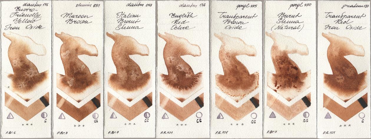 Daniel Smith 176 Enviro-Friendly Yellow Iron Oxide, Shminke Horadam Aquarell 651 Maroon Brown, 047 Italian Burnt Sienna, 136 English Red Ochre, Golden QOR 475 Transparent Brown Oxide, 470 Burnt Sienna (Natural), M. Graham & Co. Artists 187 Transparent Red Iron Oxi watercolor swatch