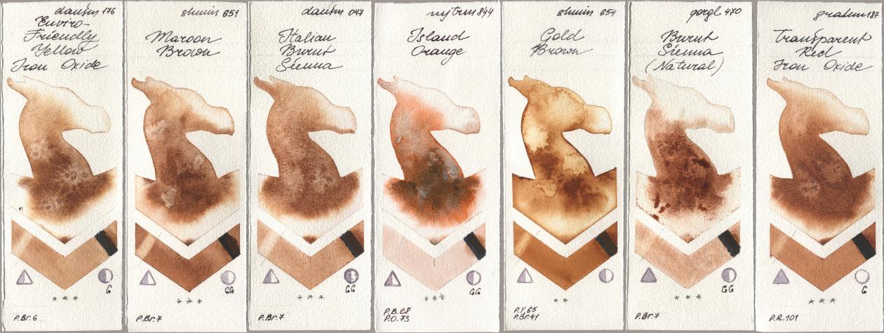 Daniel Smith 176 Enviro-Friendly Yellow Iron Oxide, Shminke Horadam Aquarell 651 Maroon Brown, 047 Italian Burnt Sienna, Mijello Mission Gold 844 Island Orange, 654 Gold Brown, Golden QOR 470 Burnt Sienna (Natural), M. Graham & Co. Artists 187 Transparent Red Iron Oxi watercolor swatch