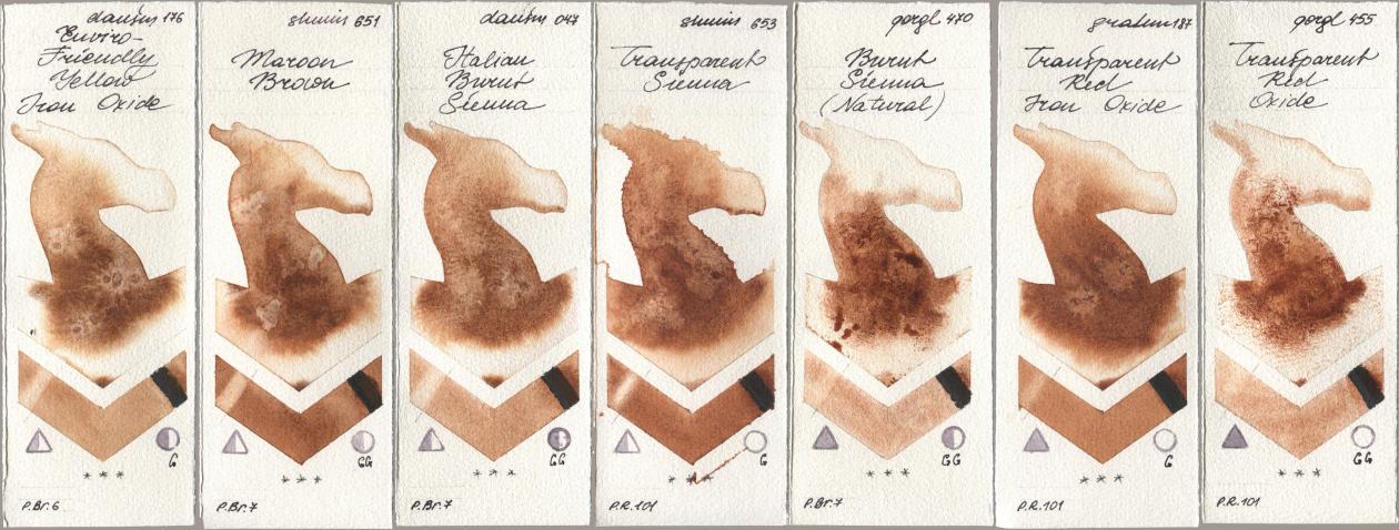 Daniel Smith 176 Enviro-Friendly Yellow Iron Oxide, Shminke Horadam Aquarell 651 Maroon Brown, 047 Italian Burnt Sienna, 653 Transparent Sienna, Golden QOR 470 Burnt Sienna (Natural), M. Graham & Co. Artists 187 Transparent Red Iron Oxide, 455 Transparent Red Oxi watercolor swatch