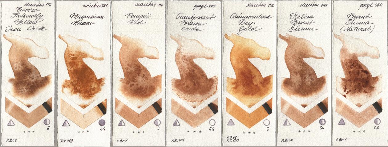 Daniel Smith 176 Enviro-Friendly Yellow Iron Oxide, Winsor & Newton Professional 381 Magnesuim Brown, 116 Pompeii Red, Golden QOR 475 Transparent Brown Oxide, 152 Quinacridone Deep Gold, 047 Italian Burnt Sienna, 470 Burnt Sienna (Natura watercolor swatch