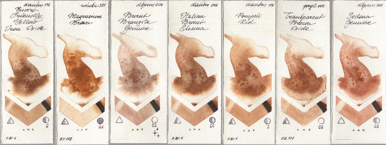 Daniel Smith 176 Enviro-Friendly Yellow Iron Oxide, Winsor & Newton Professional 381 Magnesuim Brown, 204 Burnt Bronzite Genuine, 047 Italian Burnt Sienna, 116 Pompeii Red, Golden QOR 475 Transparent Brown Oxide, 145 Sedona Genui watercolor swatch