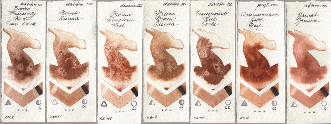 Daniel Smith 177 Enviro-Friendly Red Iron Oxide, 010 Burnt Sienna, 122 Italian Venetian Red, 047 Italian Burnt Sienna, 130 Transparent Red Oxide, Golden QOR 160 Quinacridone Gold Deep, 205 Garnet Genui watercolor swatch