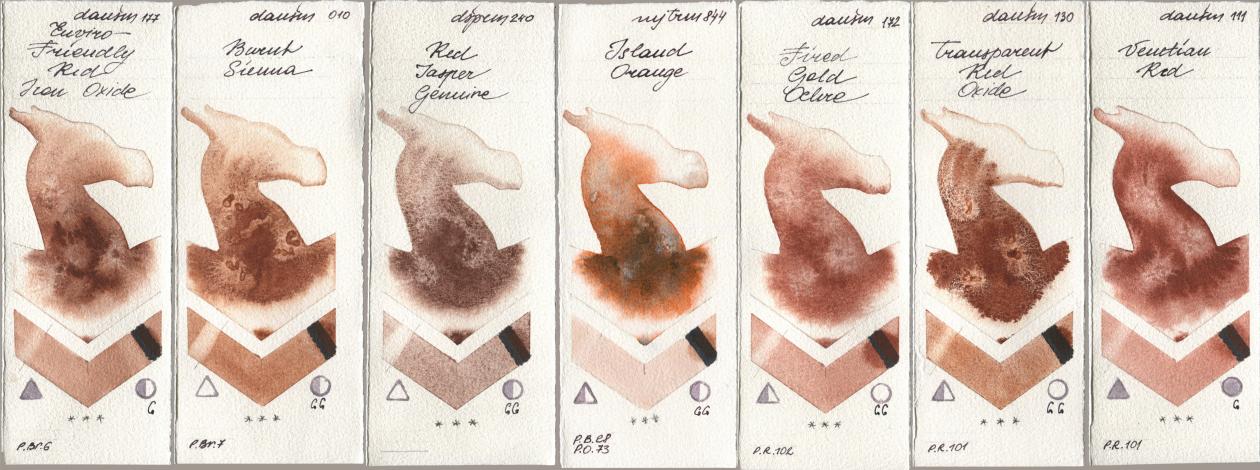 Daniel Smith 177 Enviro-Friendly Red Iron Oxide, 010 Burnt Sienna, 240 Red Jasper Genuine, Mijello Mission Gold 844 Island Orange, 172 Fired Gold Ochre, 130 Transparent Red Oxide, 111 Venetian R watercolor swatch